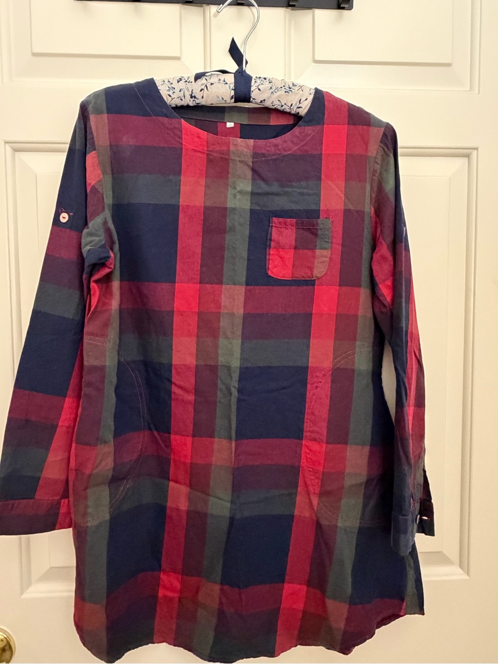 Plaid Tunic Top with Pocket - Red, Navy, Olive